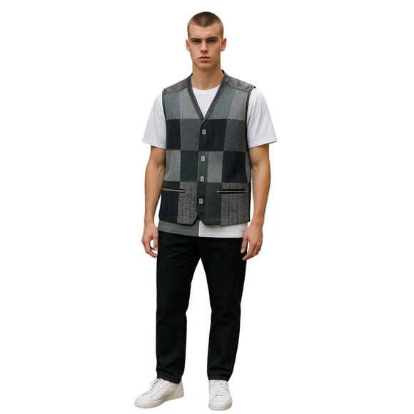 Vintage G. Boss Patchwork Wool & Leather Vest Gray Black Geometric – Size L - Picture 1 of 8
